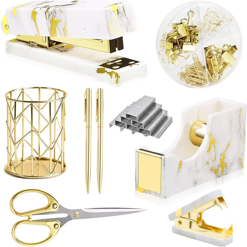 Famassi Gold Marble Desk Accessories, Office Supplies Set Stapler Set Staple Remover, Tape Holder, Pen Holder, 2 Ballpoint Pen, Scissor, Binder Clips, Paper Clips and 1000pcs Staples. - Image 1